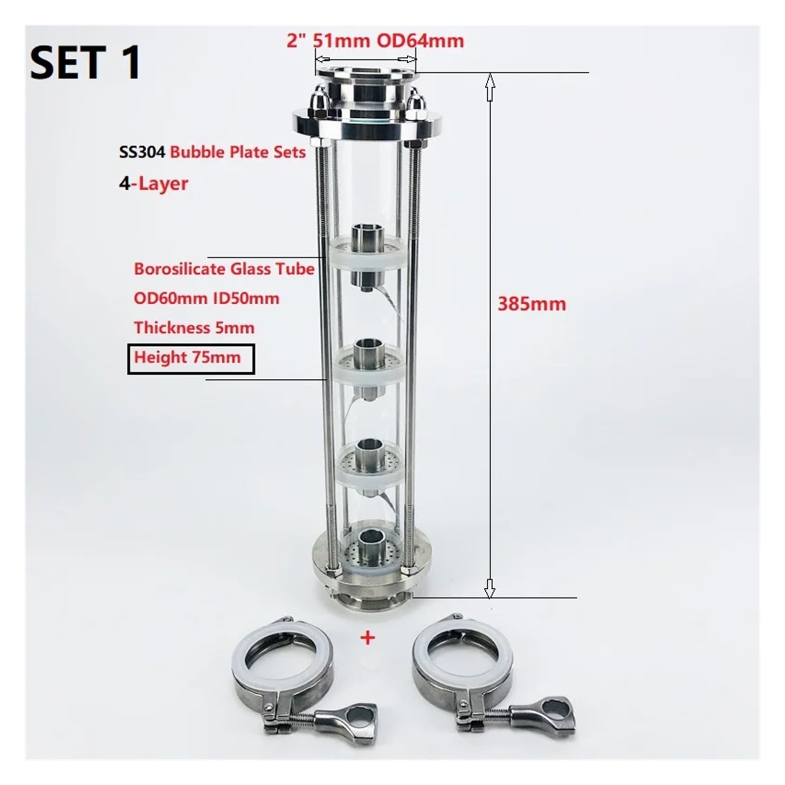 Colonna for Lenti di Distillazione Torre di distillazione in Vetro a 4 Strati SS304 OD64 da 2'(51 mm). Distillatore Moonlight(Set 1)