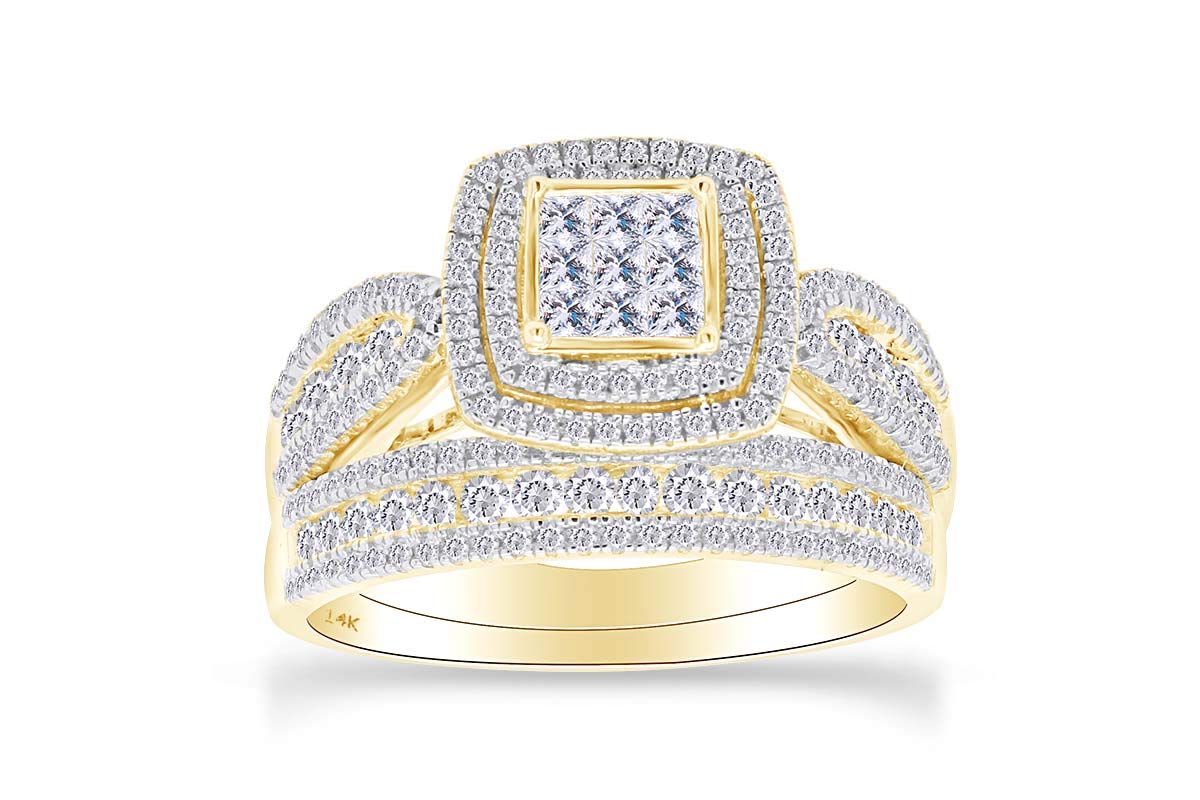 1 1/2 Cttw Womens Princess Natural Diamond Bridel Wedding Ring Band Set 14Kt Solid Gold (I-J Color, 