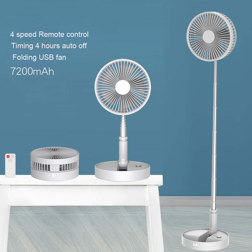 Ventilatore da tavolo telescopico pieghevole da 7200 mAh, con telecomando e temporizzazione, 4 velocità, ricaricabile, USB, per casa e campeggio all'aperto