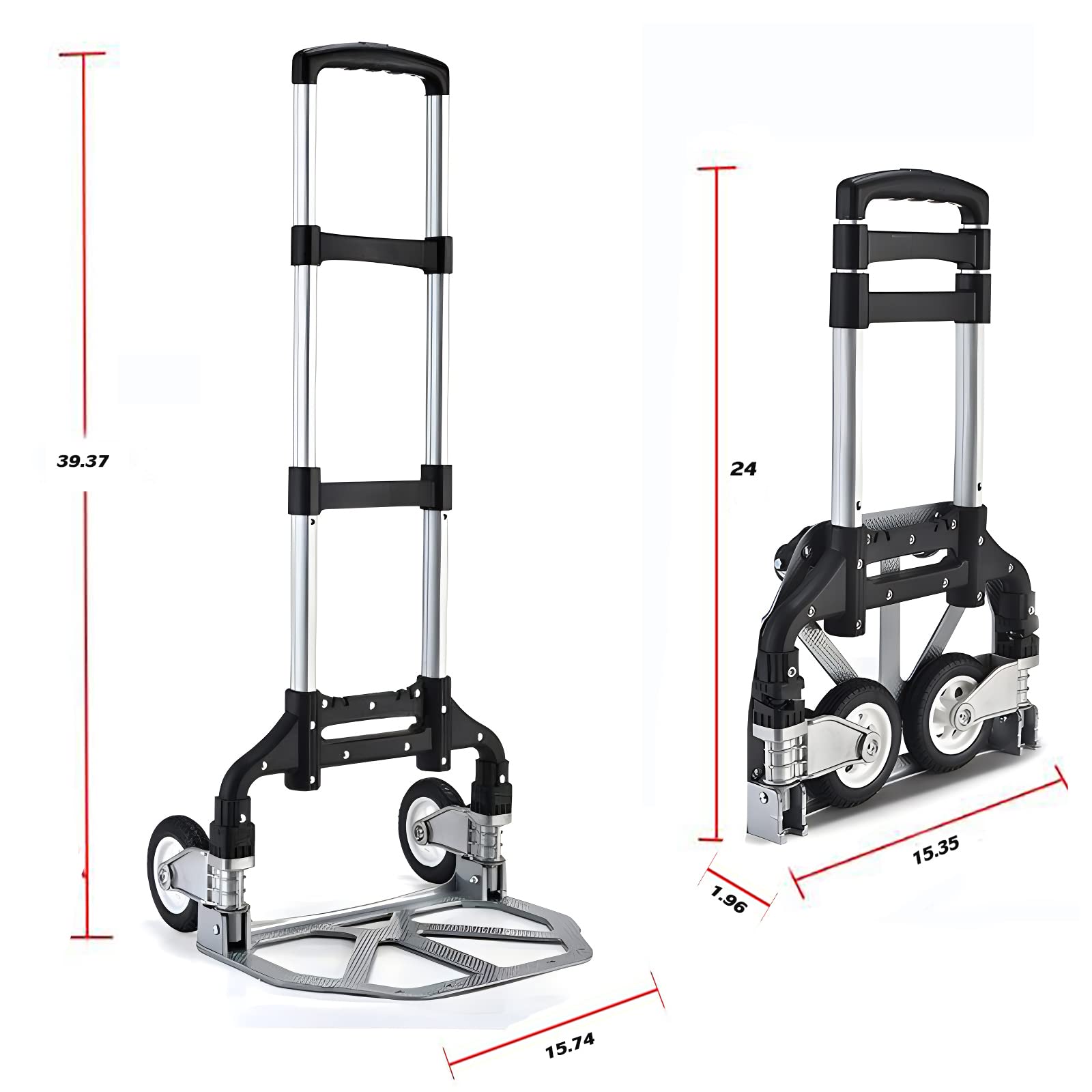 Carro de mano plegable, carrito portátil con ruedas de goma y cuerda elástica, resistente y ligero con marco de aluminio compacto para mudanzas, equipajes, compras, almacén