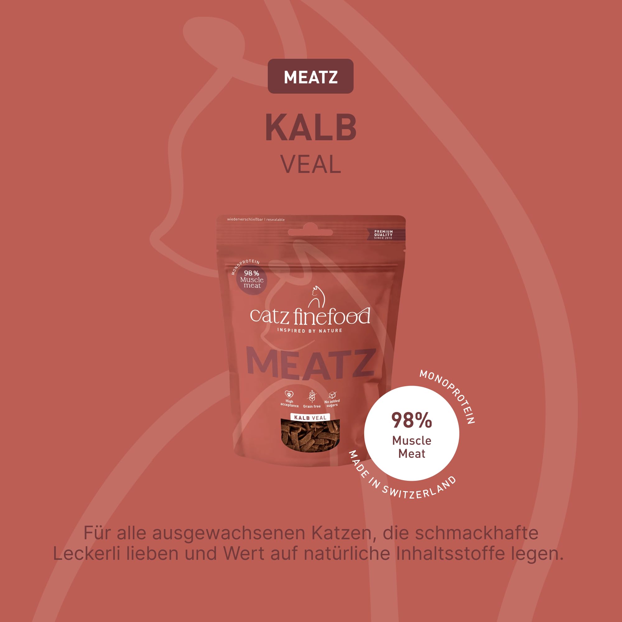 catz finefood Meatz Przysmaki dla kotów cielęcina, nr 5 - chrupiące paski z cielęciny - grillowane i suszone - przekąska dla kota bez cukru, bez zbóż (4 x 45 g)
