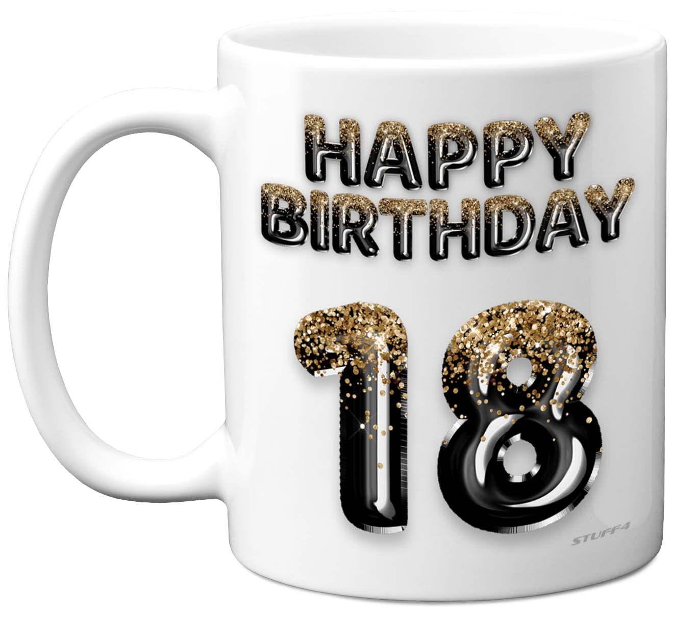 Stuff4 18th Birthday Gift for Men - Black Gold Glitter Balloons - Happy Birthday Mug Present for 18 Year Old Son Brother Grandson Cousin Friend, 11oz Ceramic Dishwasher Safe Coffee Mugs Cup