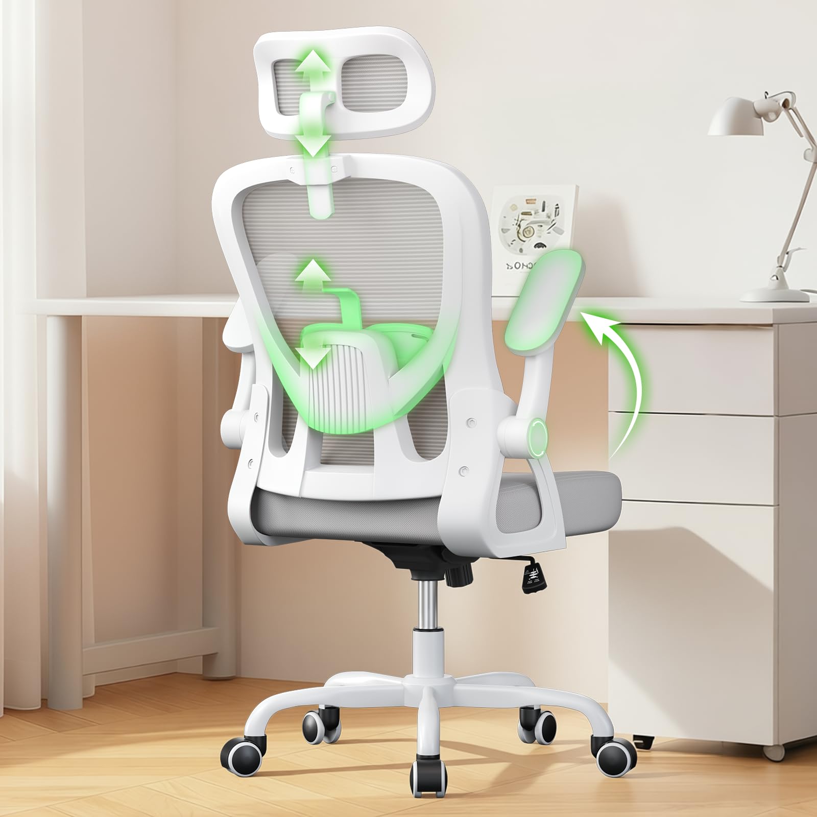 naspaluro Office Desk Ergonomic Chair with Adjustable Back/Headrest//Flip-up Armrests Comfy Computer Small Heavy Duty Swivel Chairs for Home Office Comfortable Gray Study Work Mesh PC Chairs & Stool