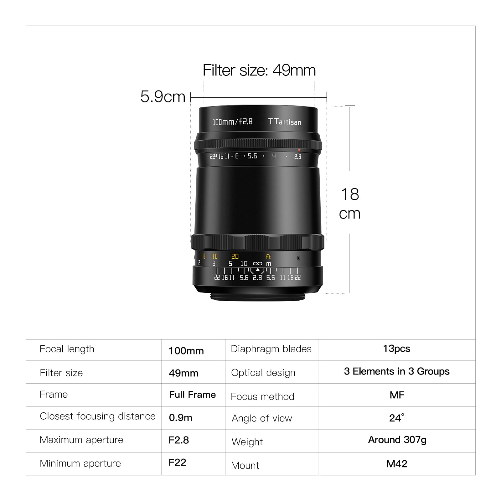 TTARTISAN Objectif plein format 100 mm f2.8 Bubble Bokeh pour monture M42, 100 mm f/2.8 Mise au point manuelle Prime Objectifs d'appareil photo Prime pour monture M42