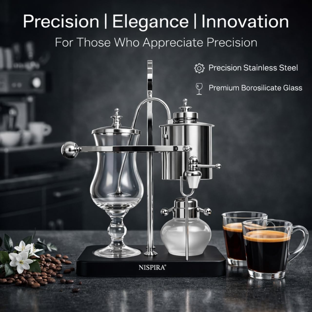 Nispira Belgian Balance Syphon Vacuum Coffee Maker, 500 ml Vintage Gravity Brewing System, Silver Finish, Manual Tabletop Coffee Brewer