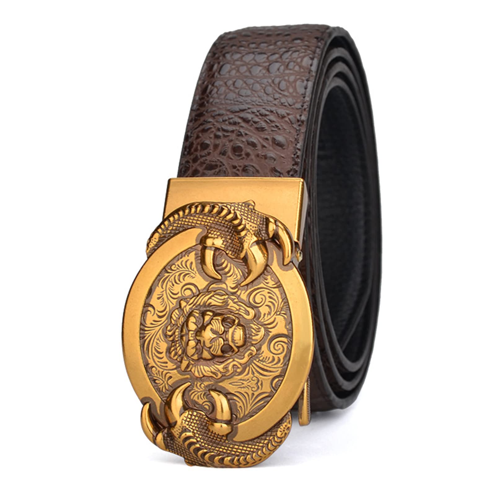 BDAYEK Men's Belt Men's Belt Engraved Vintage Lion Head Paw Design Automatic Slide Buckle Crocodile Genuine Leather Coffee