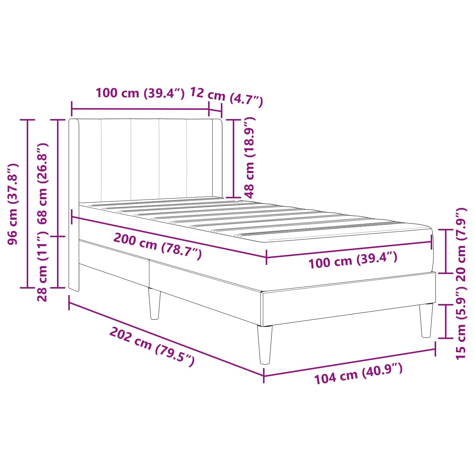 Ciemnoszara rama łóżka z materacem 100 x 200 cm, aksamitna poszewka, rdzeń ze sprężyn kieszeniowych, stelaż ze sklejki, ergonomiczna, oddychająca, nadaje się do prania, łóżko pojedyncze do
