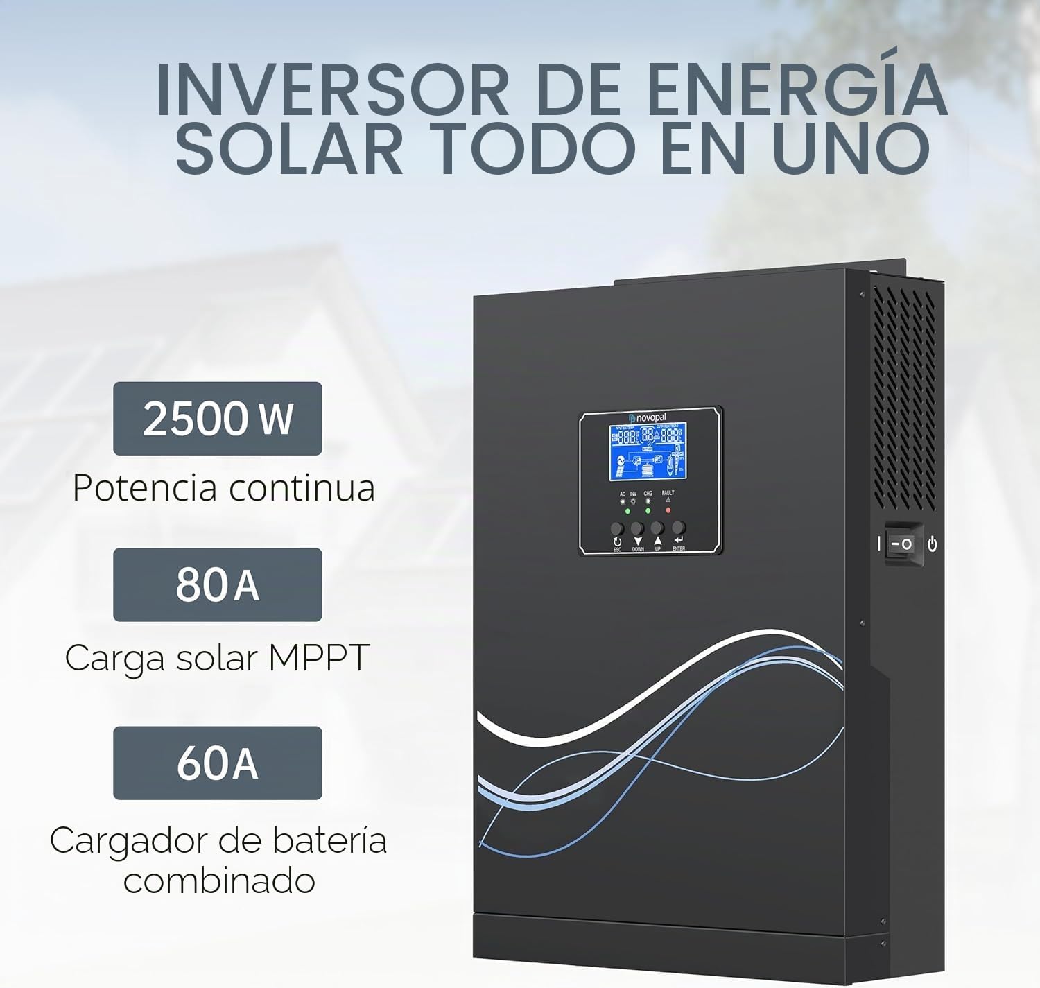 novopal Inversor híbrido de 2500 W, 24 V, Independiente de la Red, inversor de Onda sinusoidal Pura, 220 V CA, con regulador de Carga Solar MPPT de 80 A, máx. Entrada PV 450 V