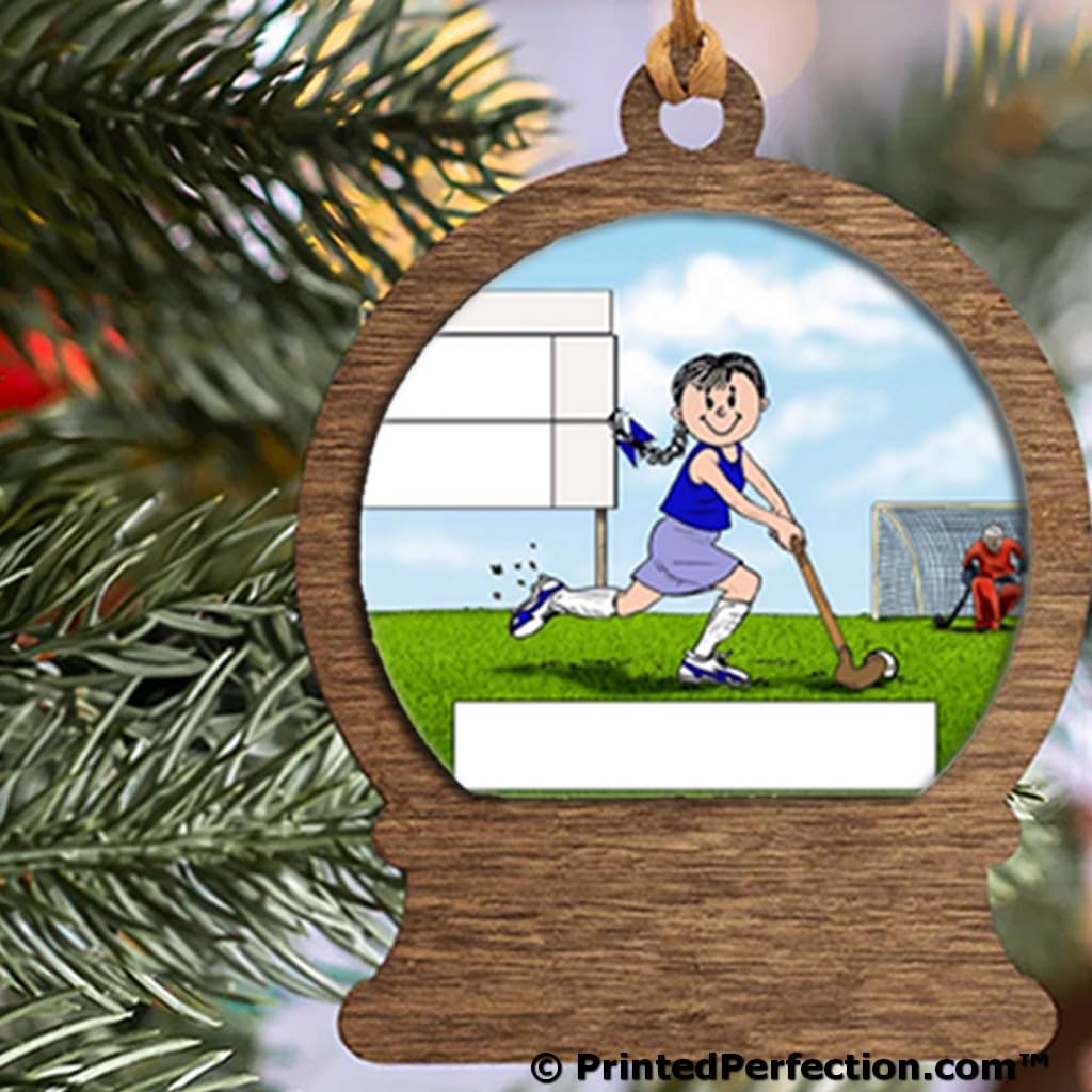 PrintedPerfection.com Personalized Field Hockey Player - Female Wooden Snow Globe Shaped Christmas Ornament