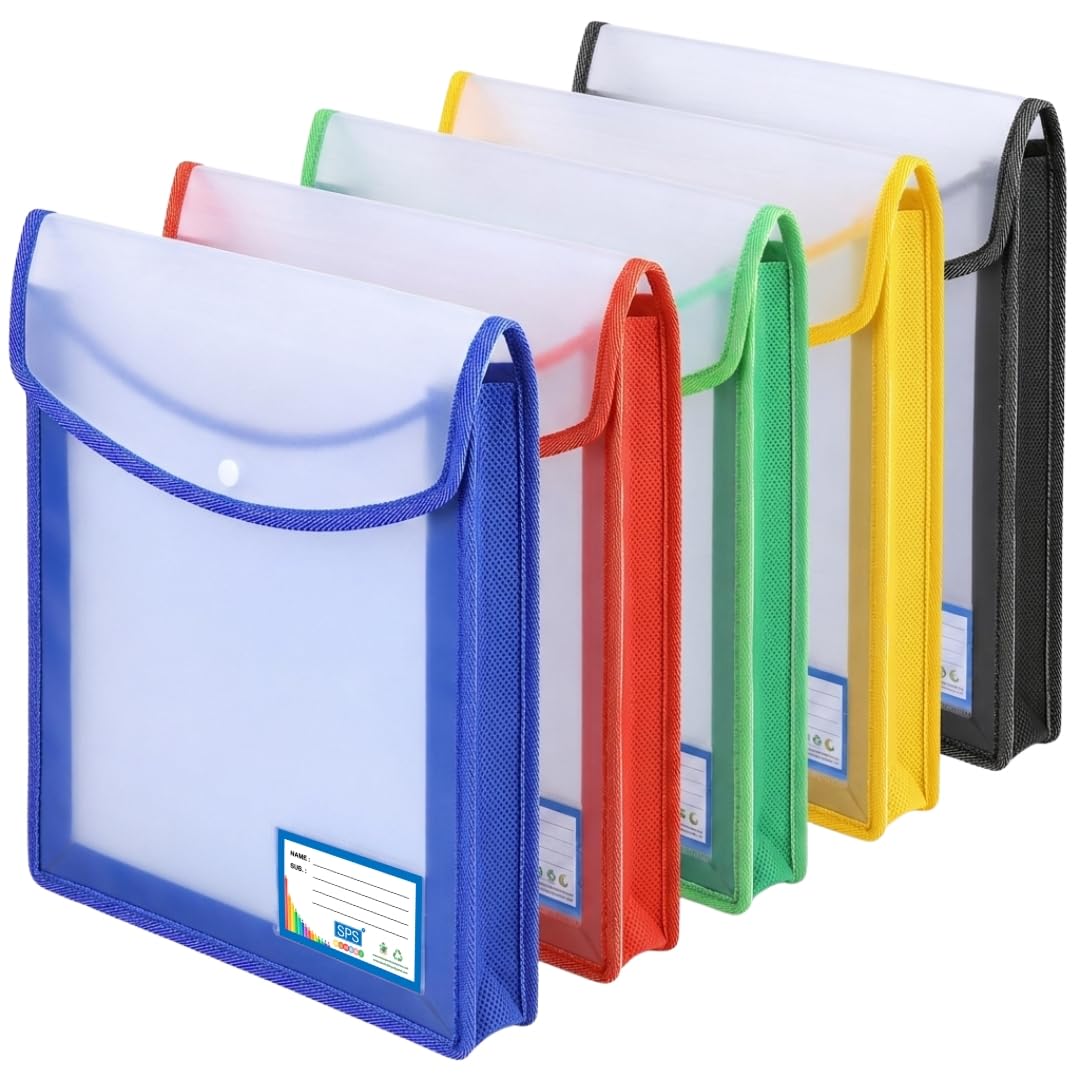 SPS Cartellina portadocumenti in plastica trasparente A4/protocollo, con bottone a pressione, set di 5 cartelle per documenti (verticale, multicolore, confezione da 5)