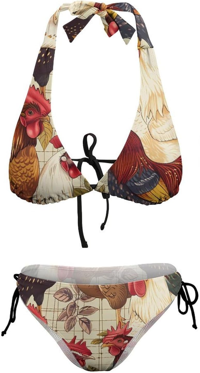 Farmhouse Chickens Sunflowers Novelty Women's 2 Piece String Bikini Set Swimsuits Bathing Suit Swimwear