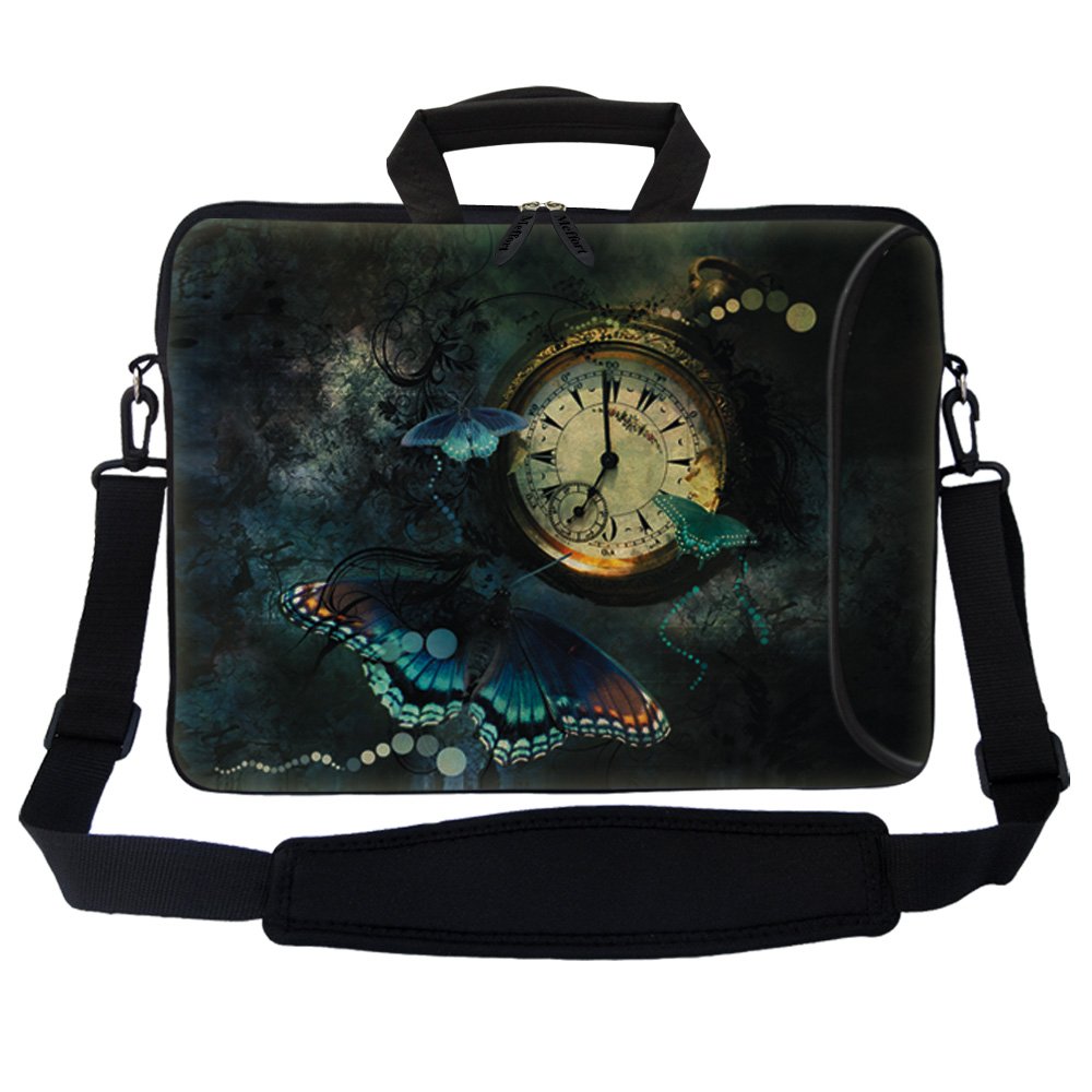 Meffort Inc 17 Inch Neoprene Laptop Bag with Extra Side Pocket, Soft Carrying Handle & Removable Shoulder Strap Fit 16" to 17.3" Size - Clock