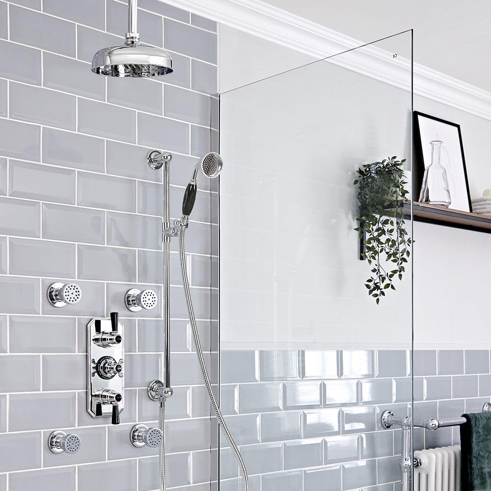 Milano Elizabeth Thermostatic Mixer Valve 205mm Shower Head Body Jets Slide Rail - Chrome Black