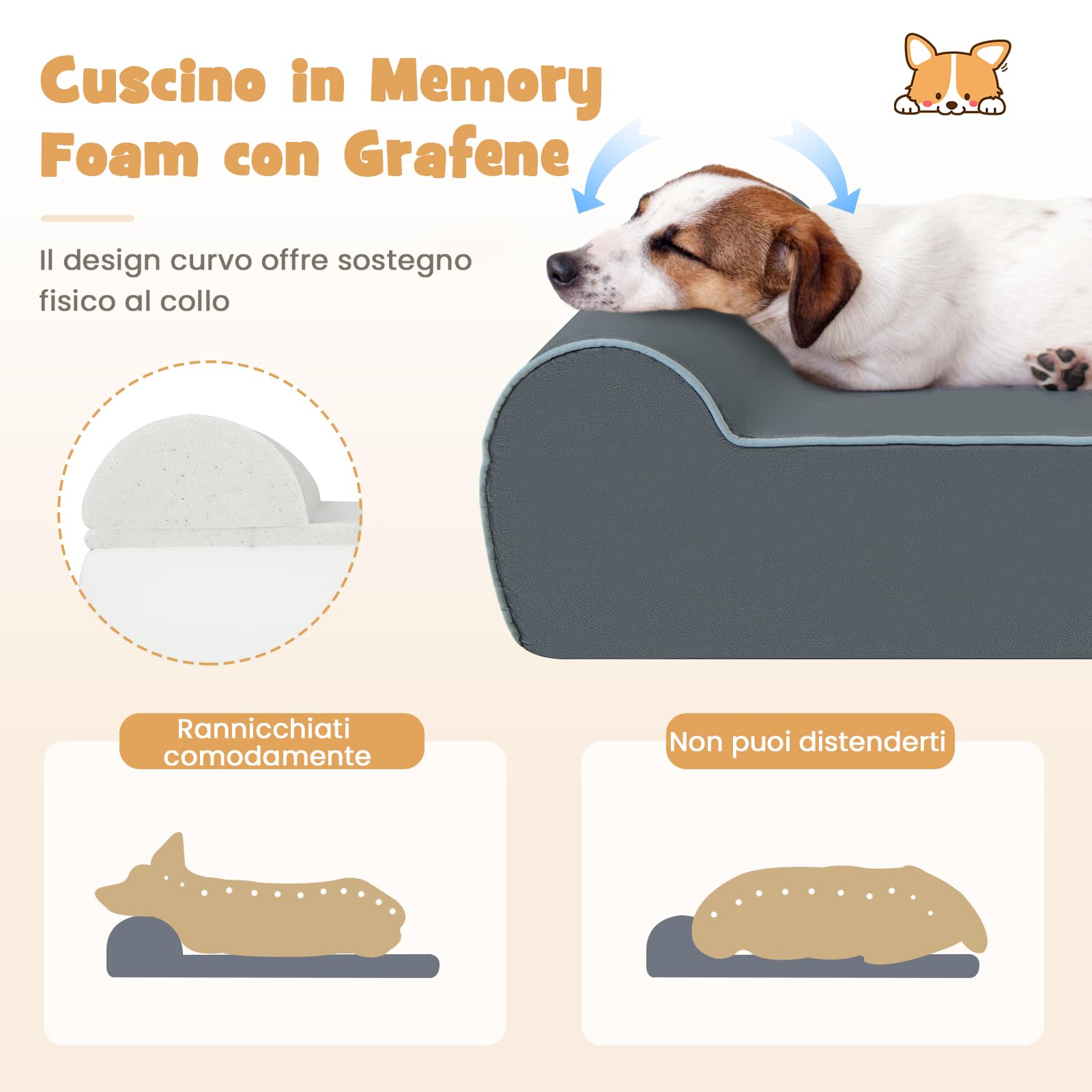 COSTWAY Letto Ortopedico per Cani Grandi, Lettino per Animali Domestici in Schiuma di Memoria con Poggiatesta, Copertura Rimovibile e Lavabile e Fondo Antiscivolo per Cani Anziani con Artrite