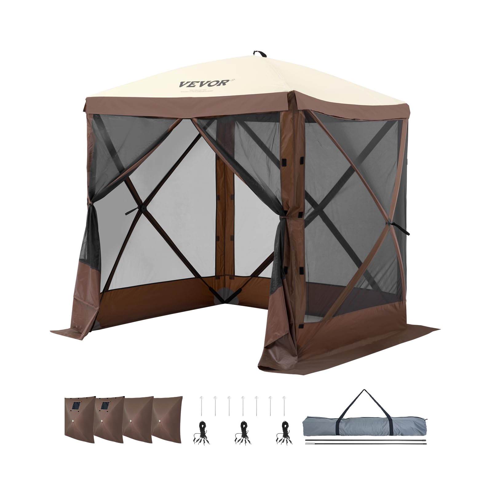 VEVOR Pop Up Gazebo Tent, Pop-Up Screen Tent 4 Sided Canopy Sun Shelter with 4 Removable Privacy Wind Cloths & Mesh Windows, 6x6FT Quick Set Screen Tent with Mosquito Netting, Brown — image 1