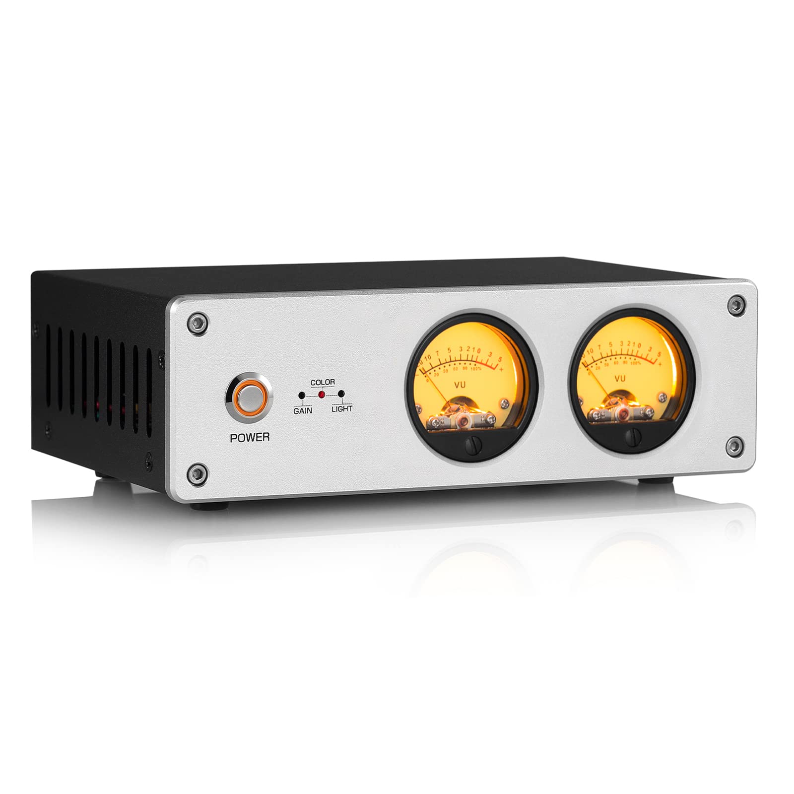Dual Analog VU Meter, Audio Switcher Box with DB Panel Display, RGB Sound Level Indicator, Colour/Brightness Adjustment, for Home Theater/Stereo Speakers