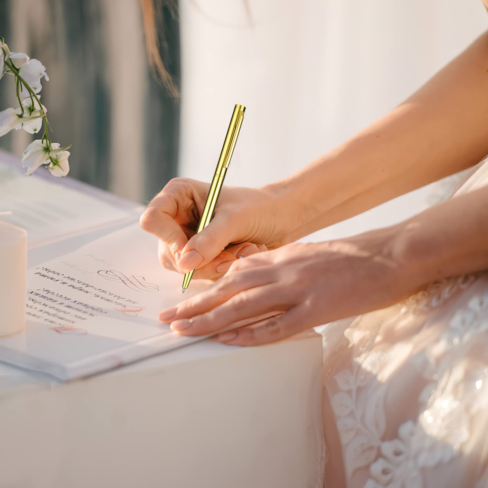 TIESOME 8 cienkich długopisów, 1 mm, wysuwany, czarny atrament, długopisy, żelowe, na wesele, do biura, dla studentów, nauczycieli (złote)