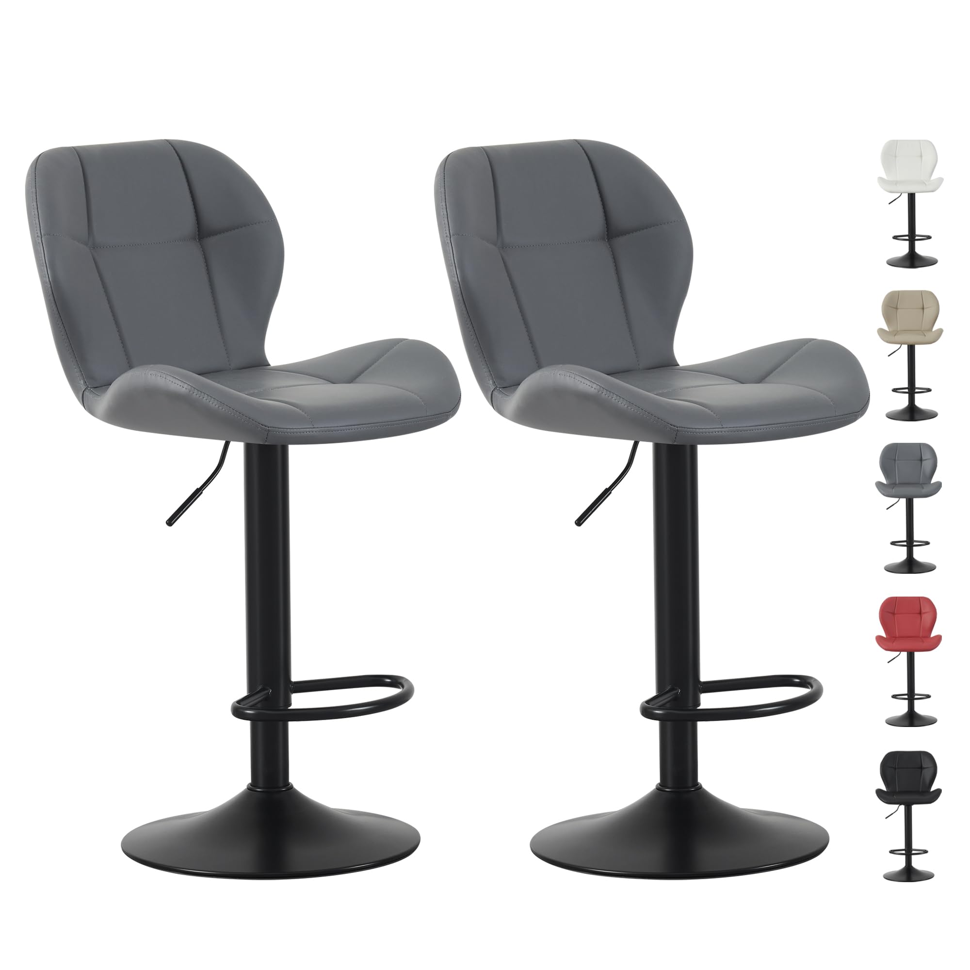 mcc direct Set of 2 Bar Stools, Height Adjustable Swivel Barstools, Counter Stools with Backrest, Faux Leather Seat, Footrest and Metal Base for Home, Kitchen and Restaurant (Grey) - Stella — image 1