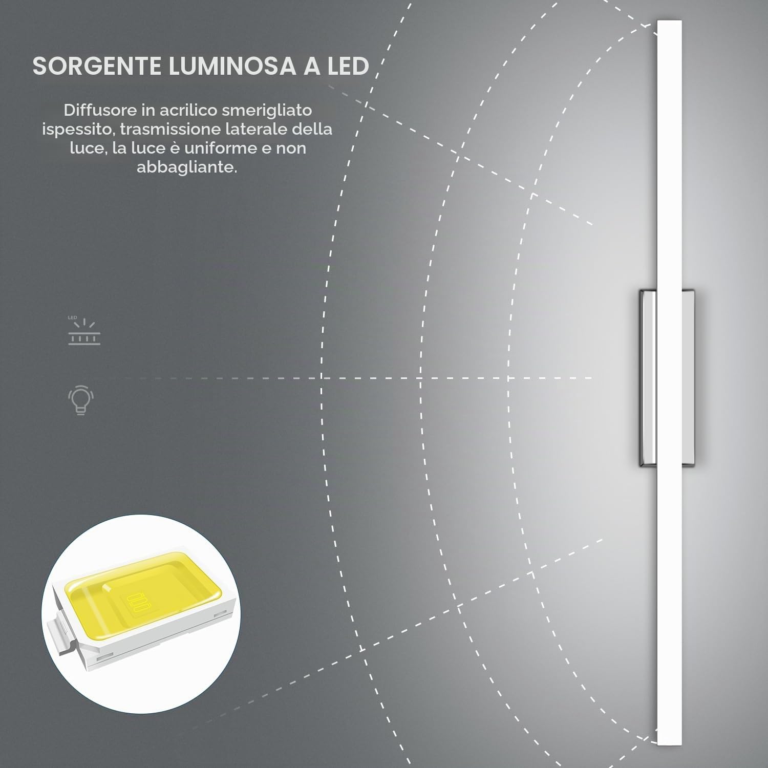 Kingwen Lampada da Specchio Bagno 12W 60cm LED Lampada da Specchio，Luce Specchio Bagno Bianco freddo 6000K， Luce per specchio da bagno Impermeabile IP44 | 1200 lm, bianco freddo, montaggio a specchio, mobile o parete, acciaio inossidabile, per trucco e ra