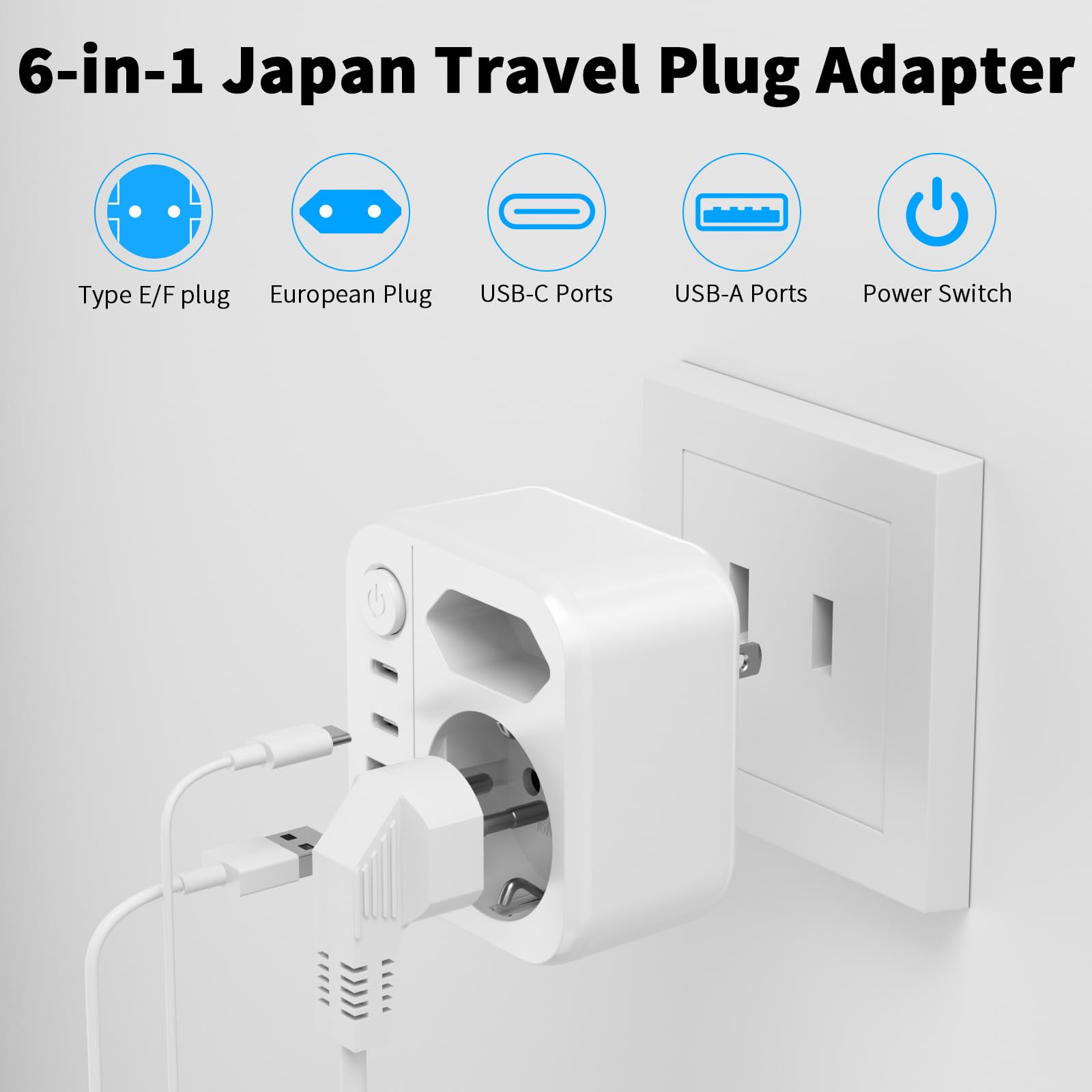 Adaptateur Prise Japon 6 en 1, 2500W Voyage avec 2 USB C et 2 USB A, Schuko vers Type A USA Chine Canada Thaïlande