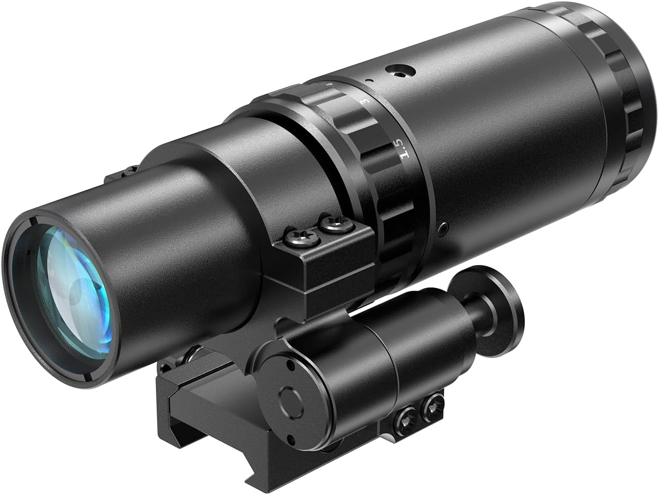 Feyachi Red Dot Magnifier 1.5X - 5X Magnification with Focus Adjustment and Flip to Left/Right Side Mount, Color Black