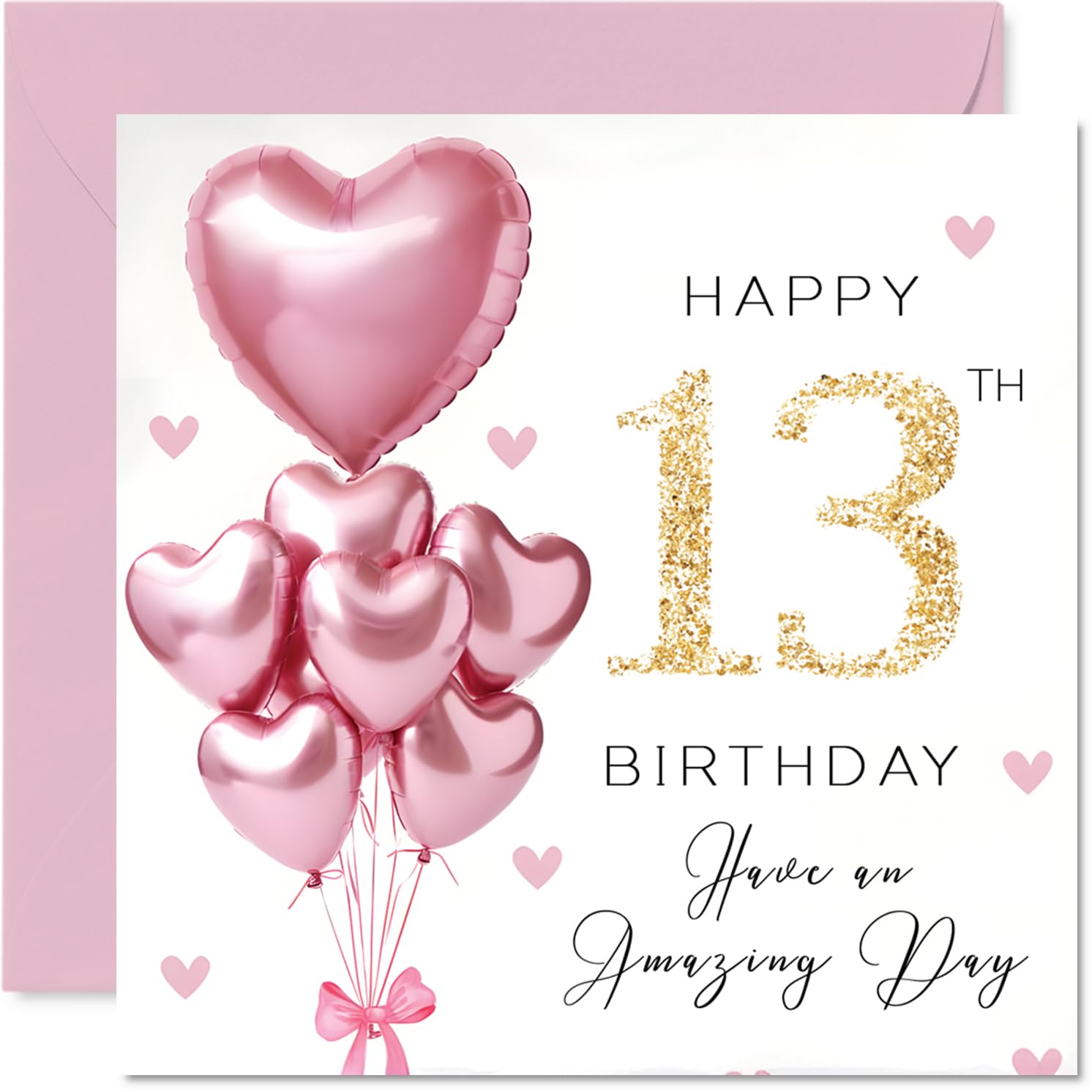13th Birthday Cards for Girls - Pink Glitter Balloons - Happy Birthday Card for 13 Year Old Girl Goddaughter Great Niece Granddaughter Step Daughter, 145mm Bday Greeting Cards