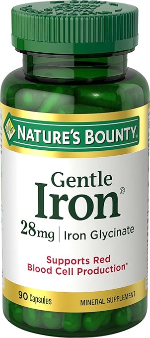Nature’s Bounty Gentle Iron 28 mg Capsules with Vitamin C, Folic Acid, Vitamin B-12 Iron Supplement, Non-GMO, Gluten-Free, 90 Count