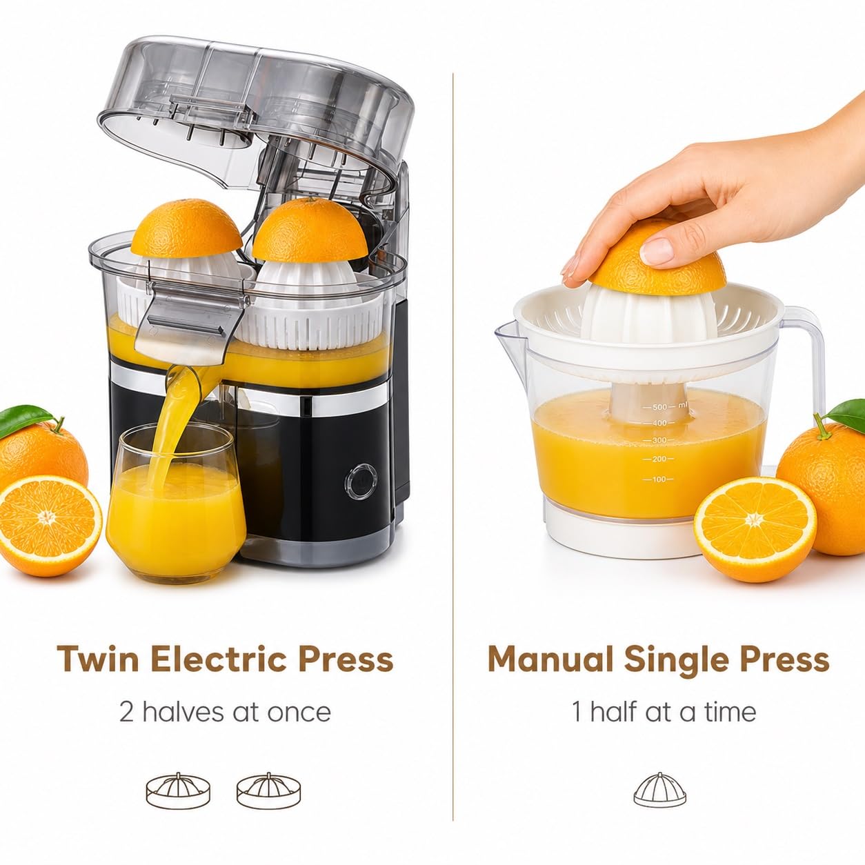 Exprimidor Eléctrico Doble de Cítricos, Prensa de Jugo de Naranja de 500 Ml | Acero Inoxidable, Desayunos Caseros, Prensa Doble, Cámara de 500 Ml, Tasa de Producción del 90 %, Piezas Aptas for Lavavajill