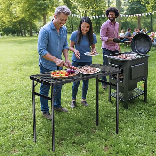 Image of Folding Camping Table, 34.2 inchx15.7 inch Picnic Table, 3 Adjust Height | 3-Fold Mesh Black Aluminum, Handle for Party Dining Garden Patio, Max 27.5 inch Folding Table