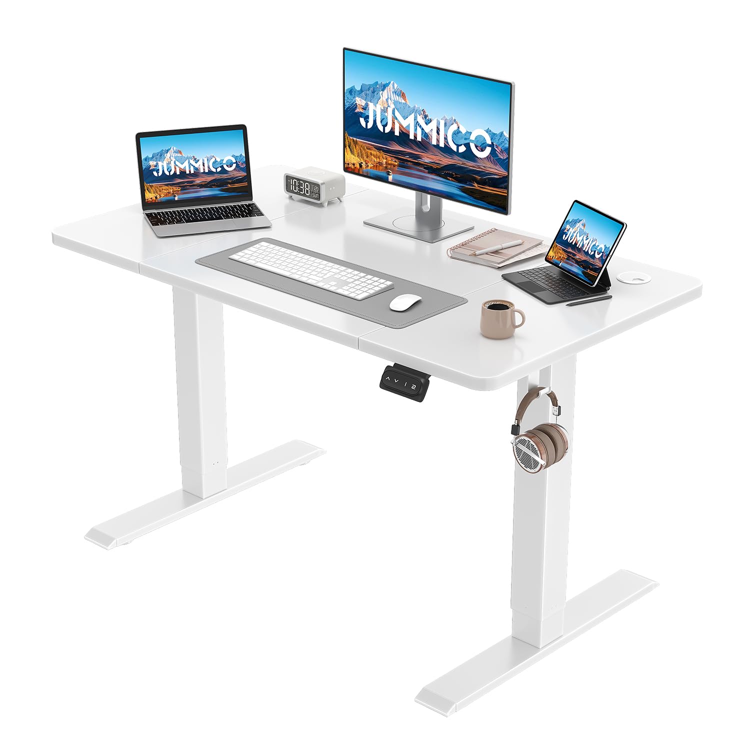 JUMMICO Réglable en Hauteur Bureau Assis Debout Électrique Blanc | 120 x 60 cm, avec Fonction Mémoire avec Crochet, Bruit <50dB, 60 KG, pour Bureau à Domicile