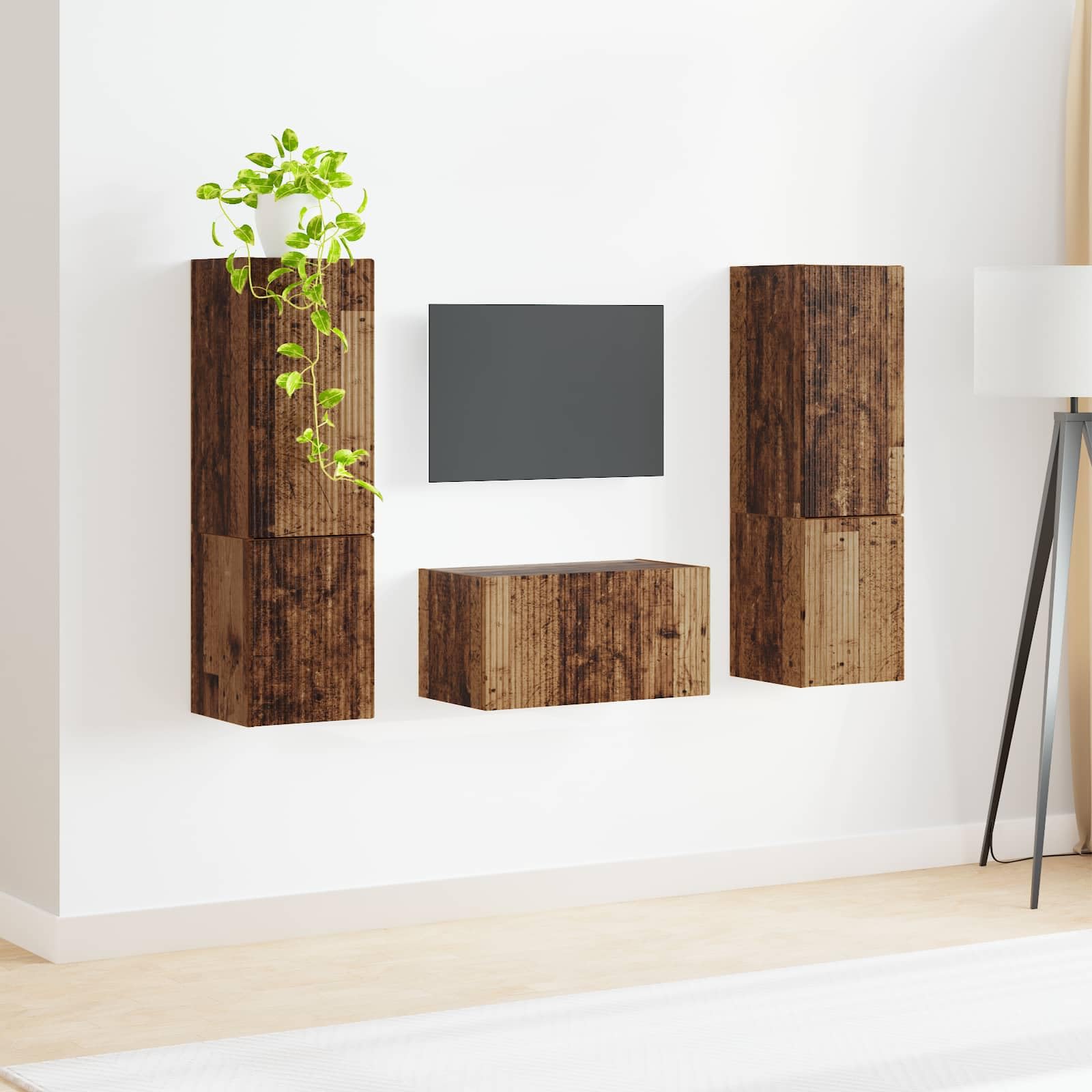 TV-Schrankset 5 pcs Altholz Holzwerkstoff Wandregale Media Center Unterhaltungscenter Fernsehschrank Wohnzimmermöbel Stauraum Schiebetür Kabelmanagement USB Steckdose modernes Design 5-teilig