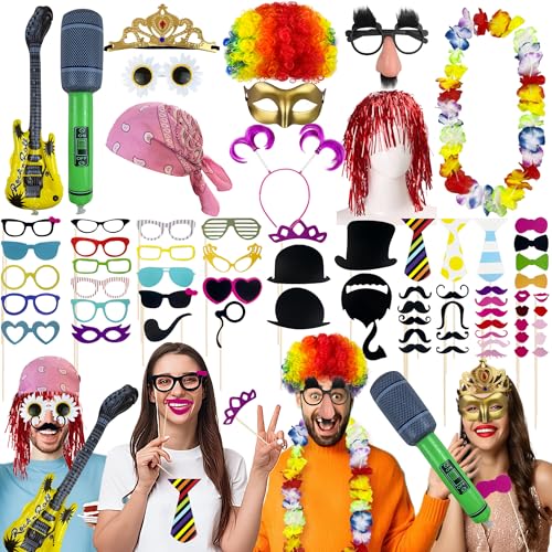 69PCS Colorful Photo Booth Props Set Novelty Funny Hats Wigs Glasses Props Sign Perfect for Graduation Birthday Bachelorette and All Occasions