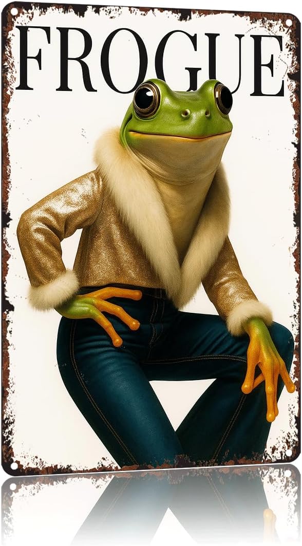 Vintage Fashion Frog Metal Sign Funny Frog In Golden Blazer Poster Frogue Magazine Cover Aluminum 6x8 In-for Bathroom