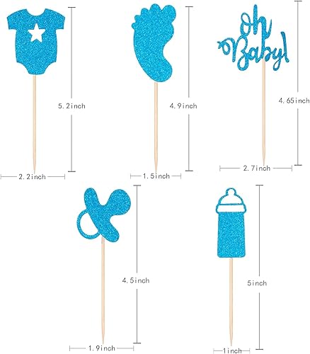 Miniatura 4 de ALISSAR Paquete de 24 adornos azules con purpurina para cupcakes, decoración de fiesta de baby shower