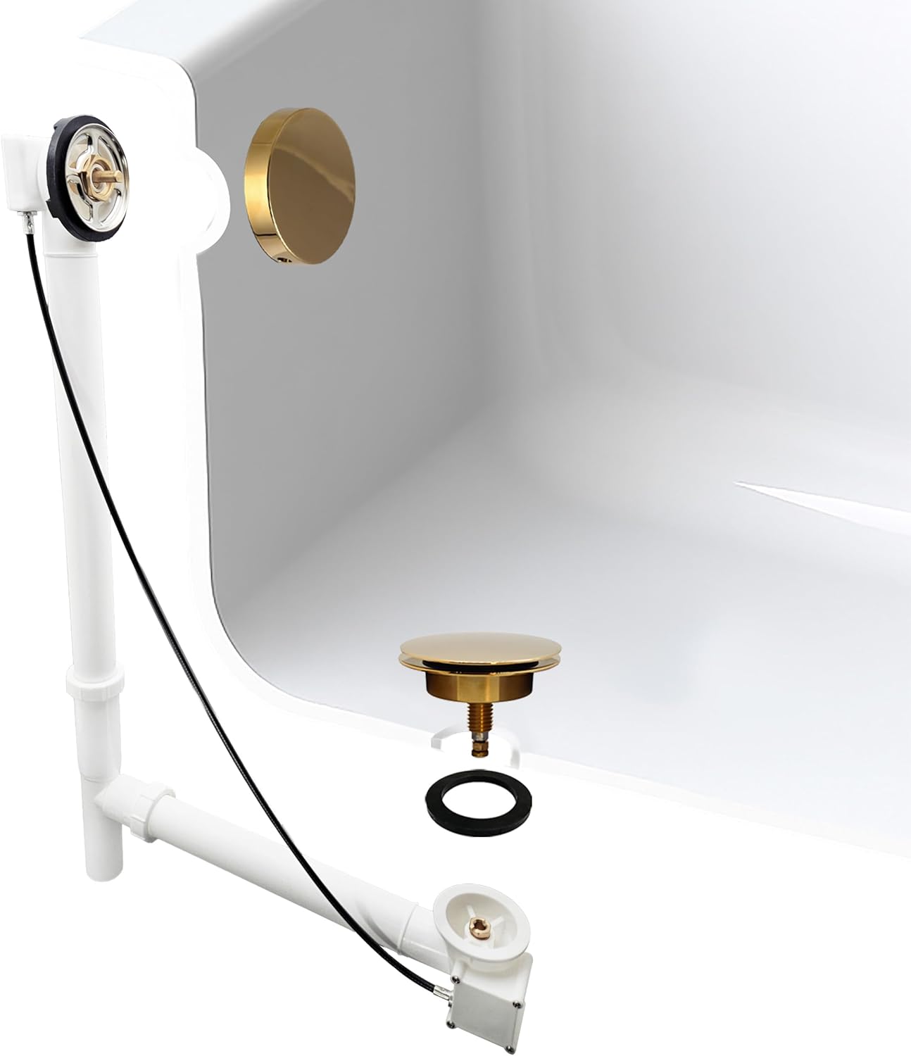 Westbrass A50P27TLERE-01 27" Cable Drive Bath Drain Trim Kit with Rotary Overflow Cover Knob, Pop-Up Stopper and Poly Tubular Pipes & Fittings, Polished Brass