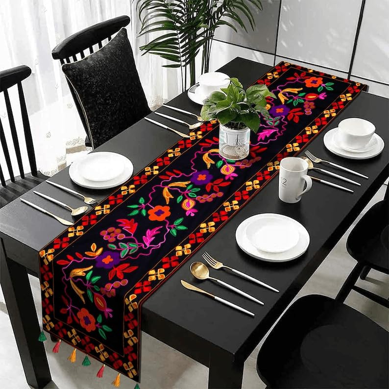 Handmade Black & multicolour floral Suzani Embroidery Table Runner, woven Home decor Gifts | Tahari Boho Table Throw | Premium Dining, Center Tablecloth | wall tapestry, Thanksgiving day, Gift to her