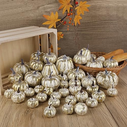 Image of winemana 46 Pcs Artificial Gold Pumpkins Fall Decorations for Home | Foam Material, Assorted Sizes, Halloween Autumn Thanksgiving Decor, For Table Centerpiece Mantle Bowl Wedding Party