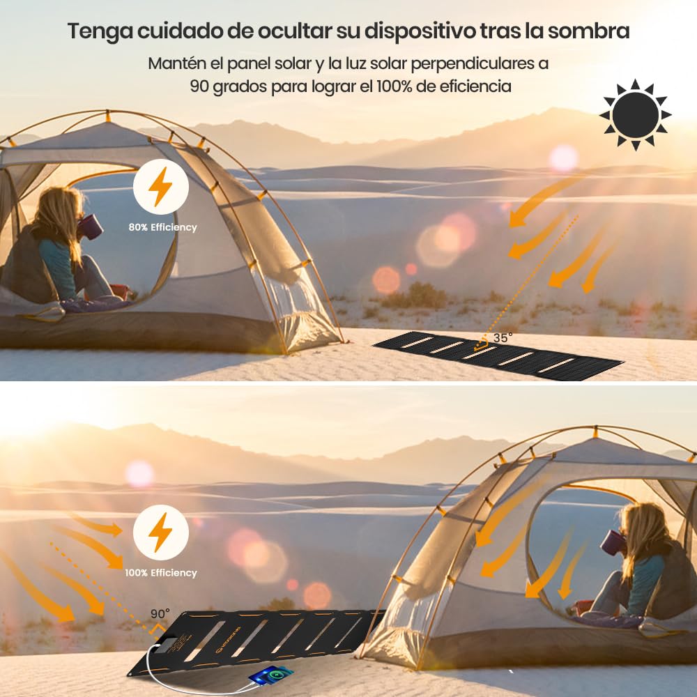 FlexSolar Cargador Solar Portátil 40W USB ETFE Panel Plegable IP67 Impermeable Camping Senderismo