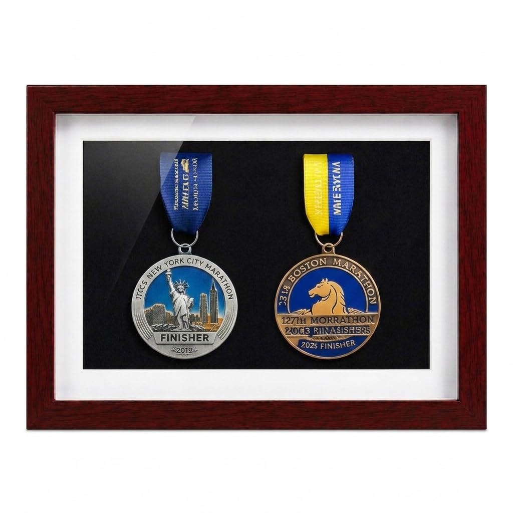 Cornice espositiva in legno massello per medaglie – Vetrina per medaglie militari, sportive e maratona con spazio per foto e carte commemorative