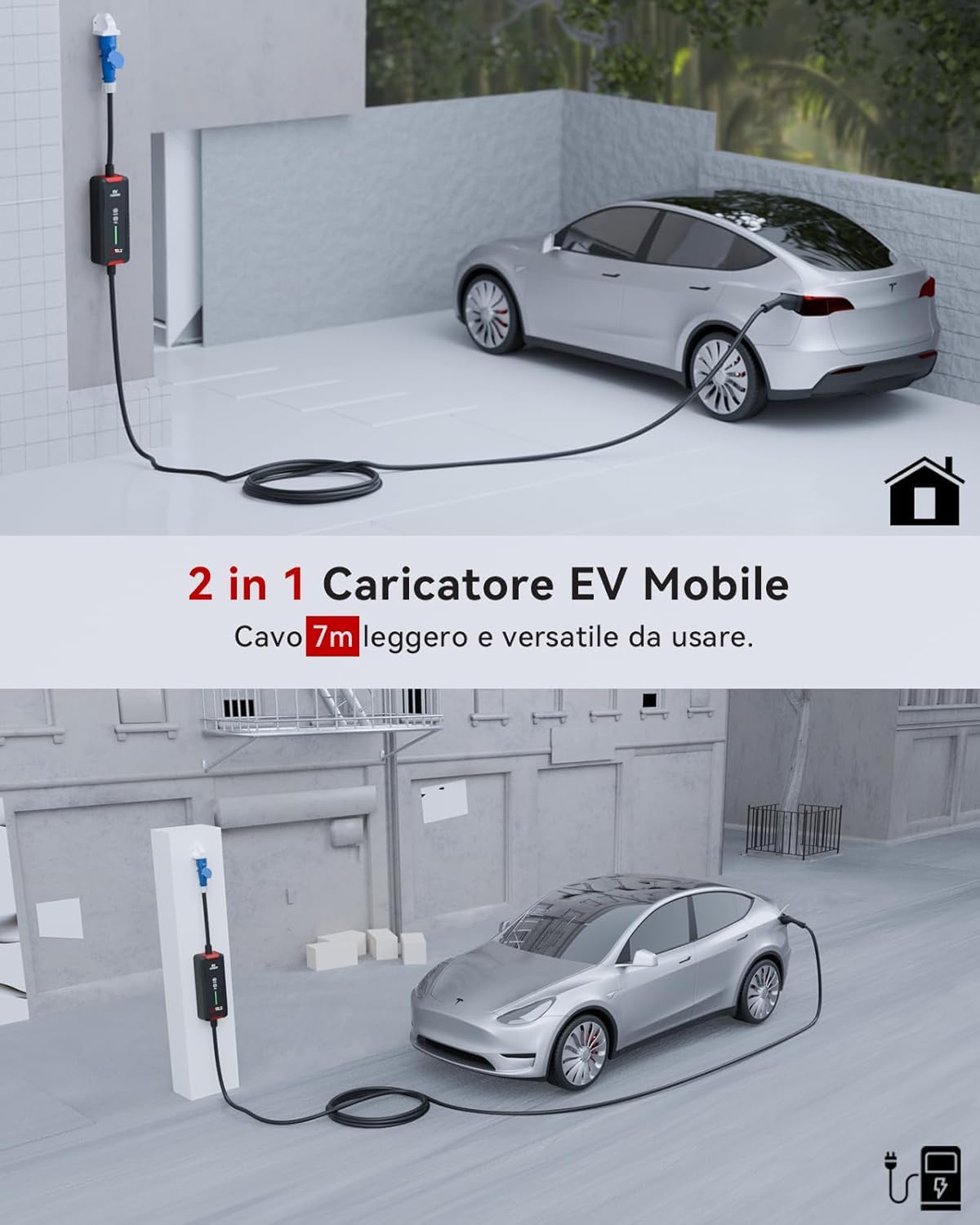 MCEVKELN EV Caricatore Tipo 2 7KW, Cavo Ricarica Auto Elettrica CEE(3Pin) Con Scatola Commutabile 6-32A, 7M Charger Portatile IEC 62196-2 Stazione Caricabatterie