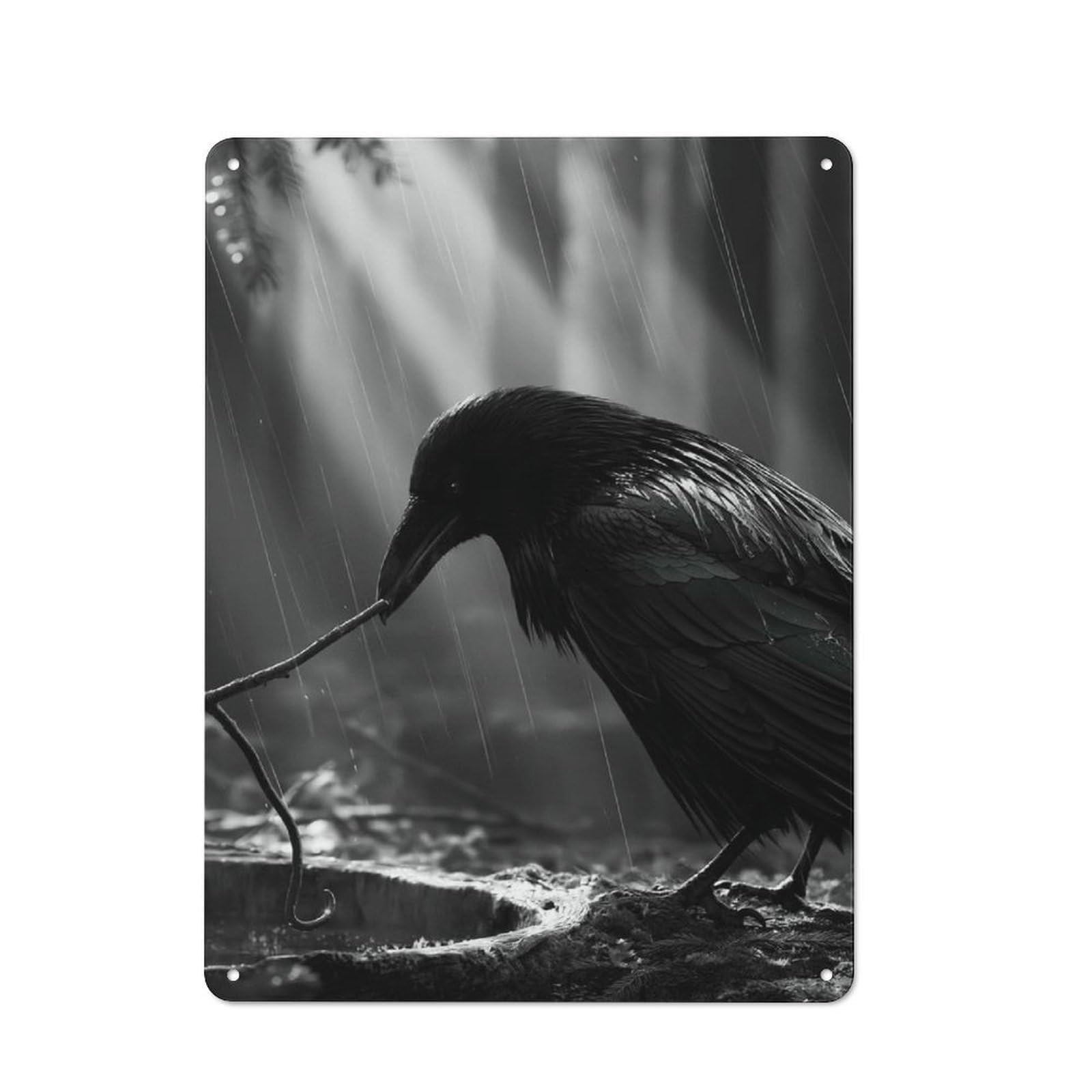 Tin Wall Plaque 40x30cm with Raven in The Rain for Pub Or Café, for Hospitality Wall Decor Collectors