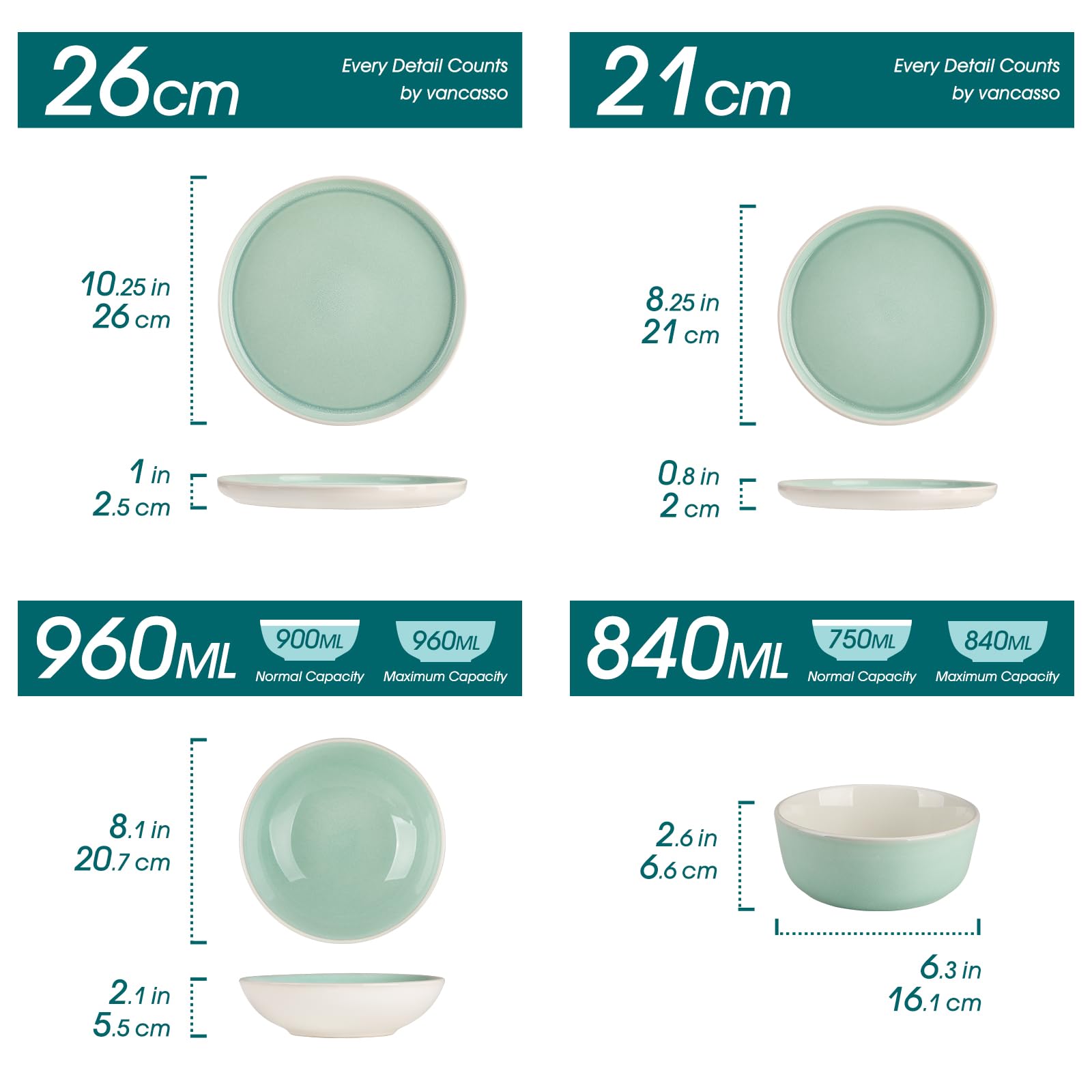 Tafelservice 6 Personen, vancasso ELBA 24tlg Geschirrset Steingut, modernes Geschirr Türkis Schüssel- und Teller Set, Ess Kombiservice mit je 6 Speiseteller, Salatteller, Suppenteller und Schalen