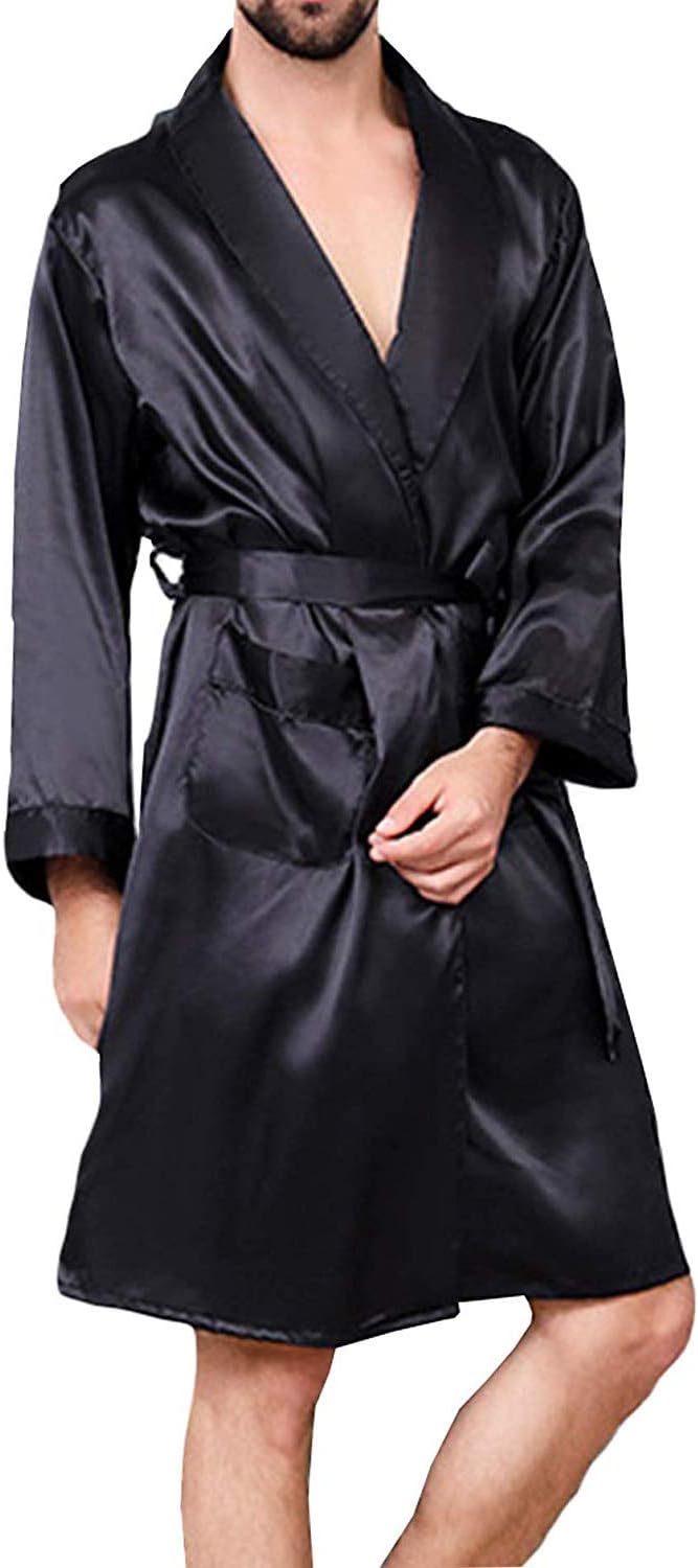 Men's Summer Luxurious Kimono Robe Soft Satin Bathrobe Long-Sleeve Nightgown Printed Pajamas Black, XXL (US: Medium/Large)