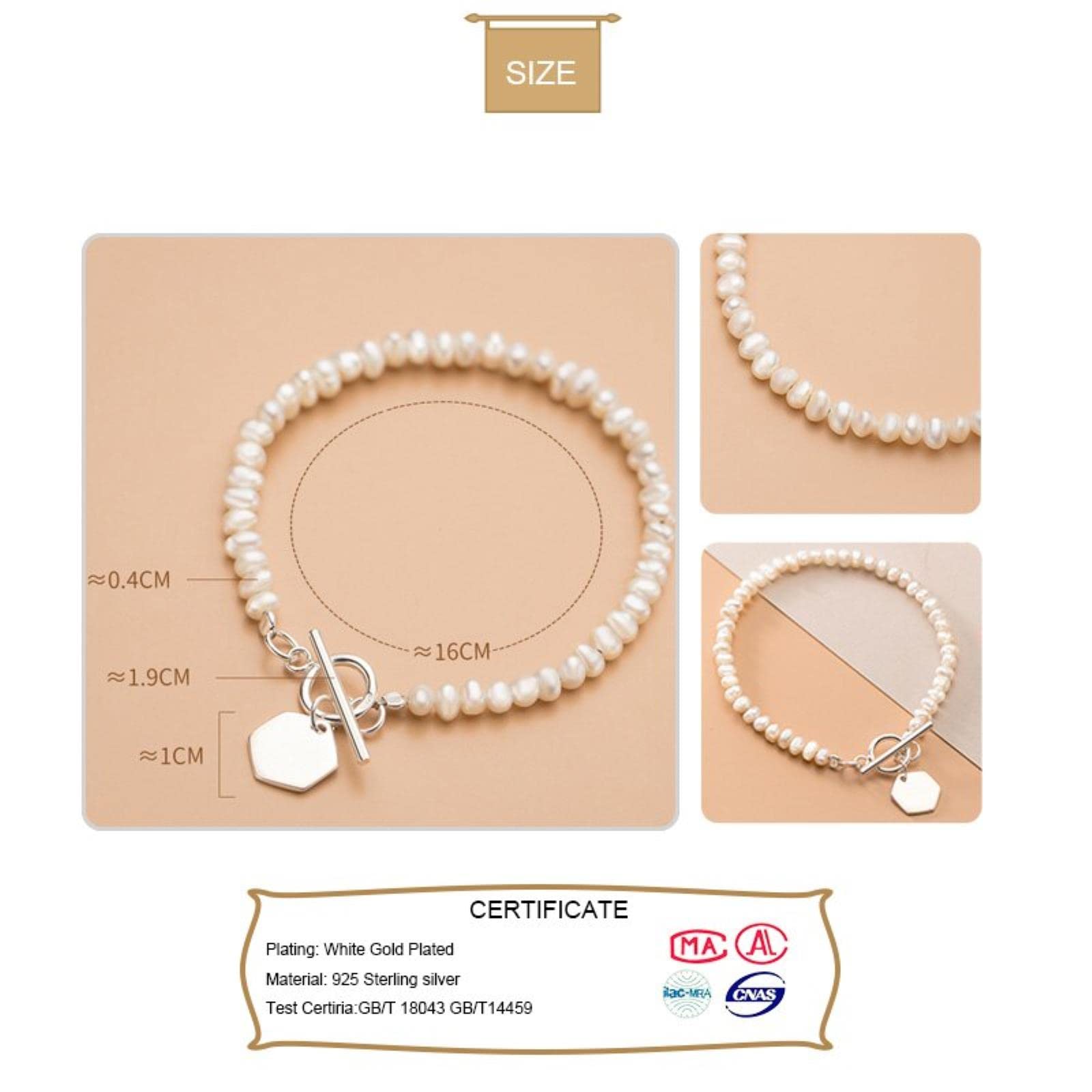 Bracciale A Catena Esagonale in Argento Sterling 925 con Perle Naturali Dolci per Gioielli da Sposa in Argento Sterling da Donna