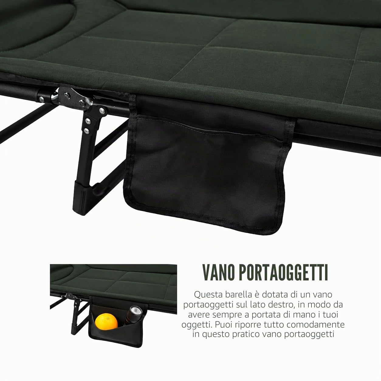 Lettino da Campeggio Pieghevole - 8 Gambe - Schienale Regolabile a 5 Posizioni - Poggiatesta Imbottito - Tasca Laterale - Lettino Camping - 195x65x27 cm