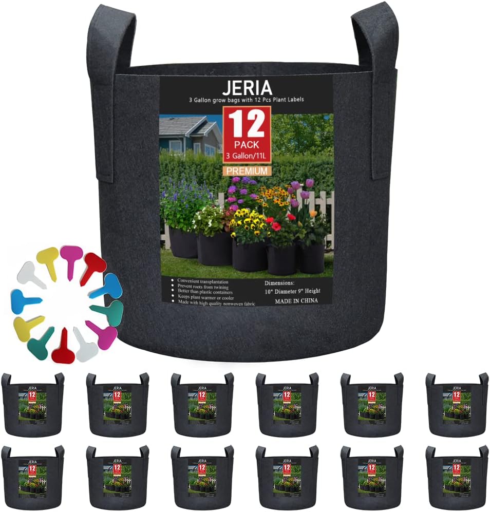 JERIA 12-Pack 3 Gallon, Vegetable/Flower/Plant Grow Bags, Aeration Fabric Pots with Handles (Black) ，Come with 12 Pcs Plant Labels
