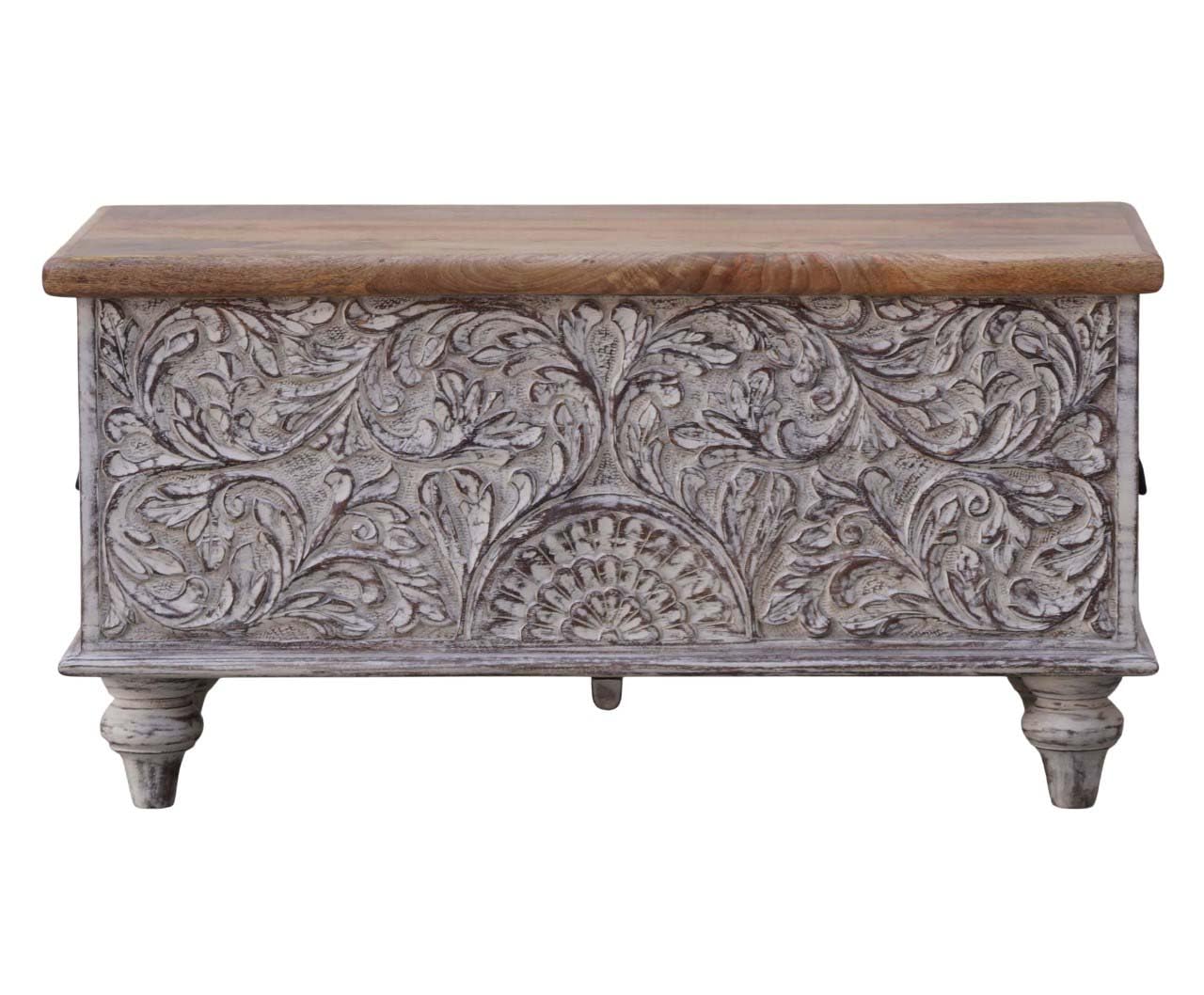 Wooden Carved Trunk, Wooden Storage Trunk, Coffee Table for Living Room, Center Table with Storage, Blanket Box with Lid for Bedroom, White Distressed Finish, Hand Carved Storage Chest.-image-36