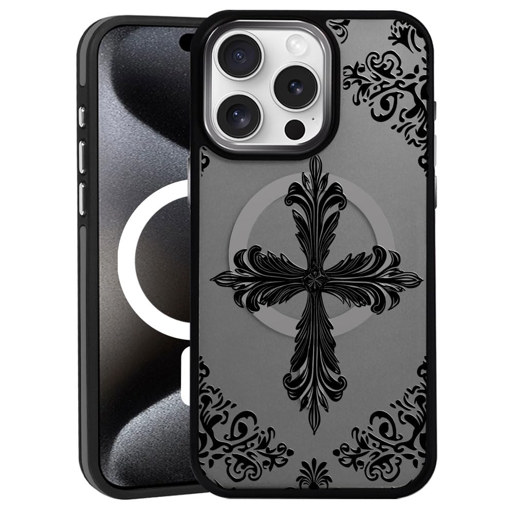 DAIZAG Magnetic Case for iPhone 16 Pro, [All-Around Shockproof Corners] [Compatible with MagSafe], Black Translucent Matte Cover,Gothic Cross Jesus