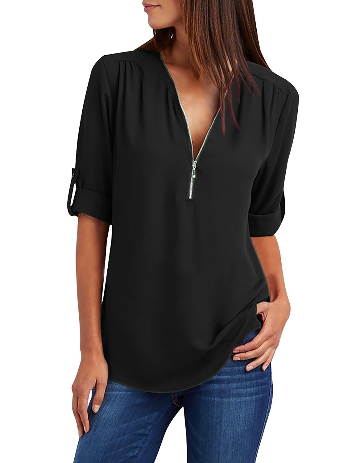 Yuson Girl Camisas Mujer Nuevo Blusas para Mujer Vaquera Sexy Gasa Tops Camisetas Mujer Cremallera Manga Corta Blusas
