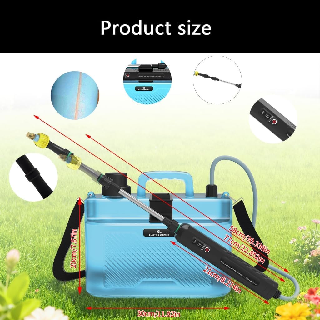 Battery Powered Sprayer 2 Gallon, 2000mAh USB Rechargeable Electric Garden Sprayer with 3 Speeds Displayed, 4 Mist Nozzles, Retractable Wand, Adjustable Shoulder Strap for Lawn Yard and Garden (B)